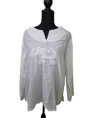 White Embroidered Elephant Long-Sleeve Women's Top